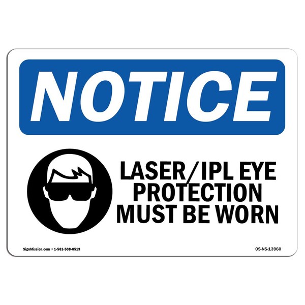 Signmission OSHA Sign, Laser Ipl Eye Protection Must Worn With Symbol, 10in X 7in Decal, 10" W, 7" H, Landscape OS-NS-D-710-L-13960 - main